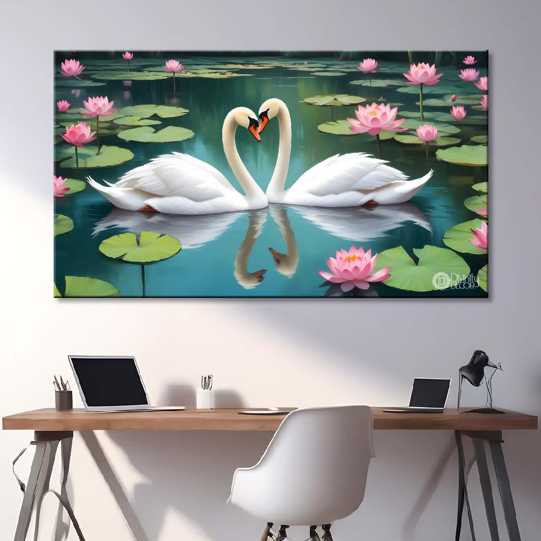 Two Swans floating with lotus textured art. - Design - Animal -31