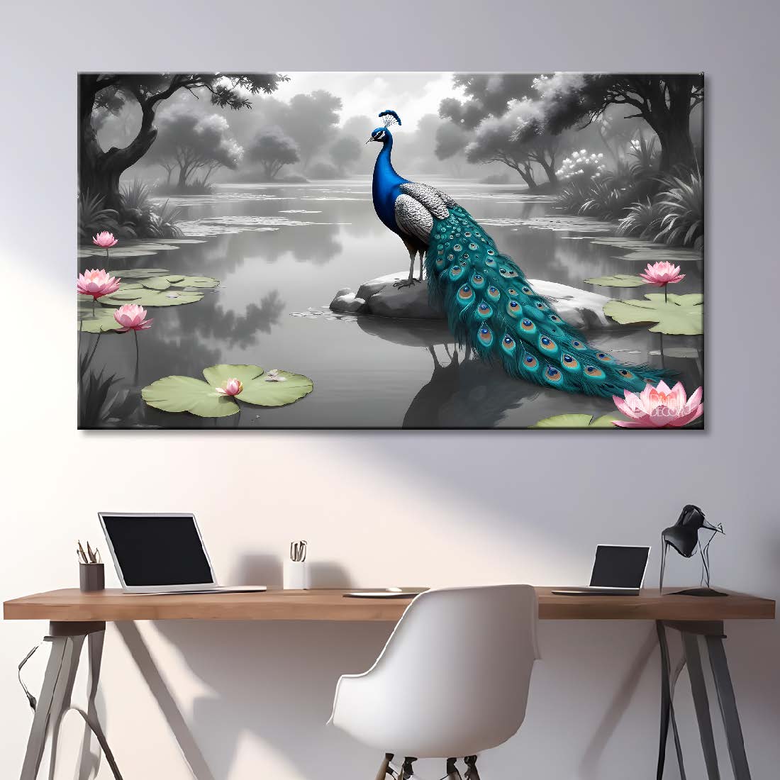 Peacock with lotus in fog textured art.- Design - Animal -33