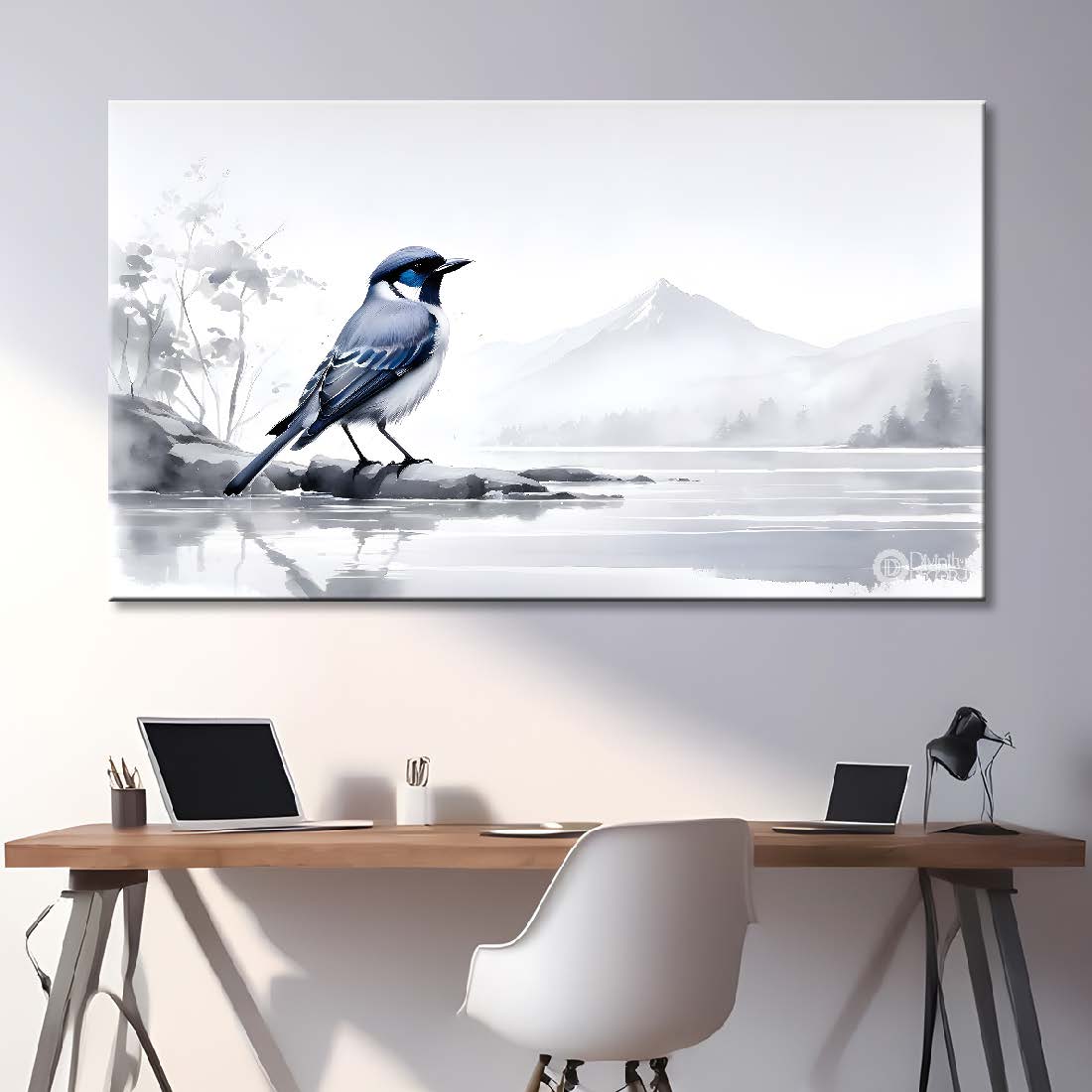 Blue cute bird in white and fog textured art. - Design - Animal - 34