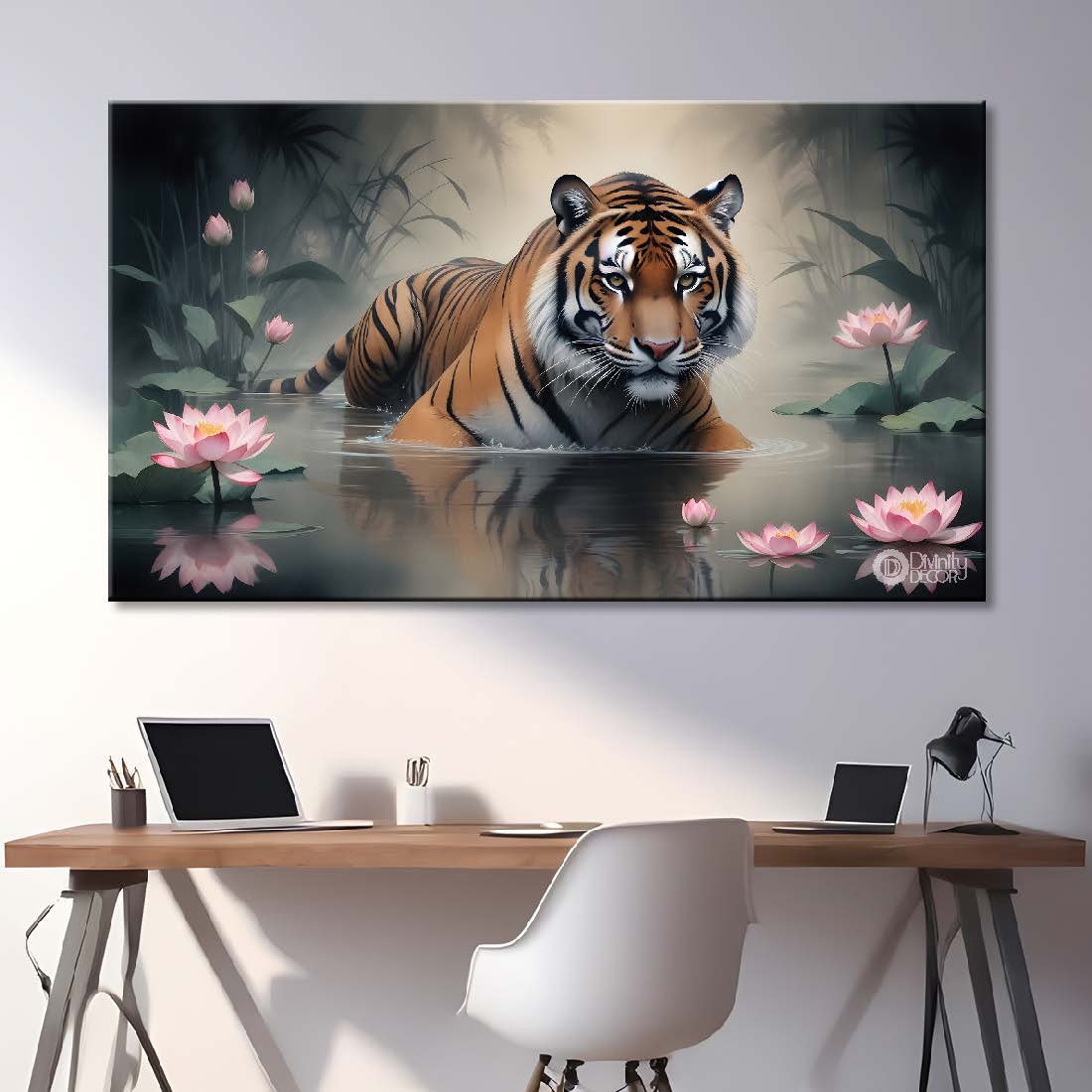 Tiger with lotus in light background textured art.- Design - Animal -35