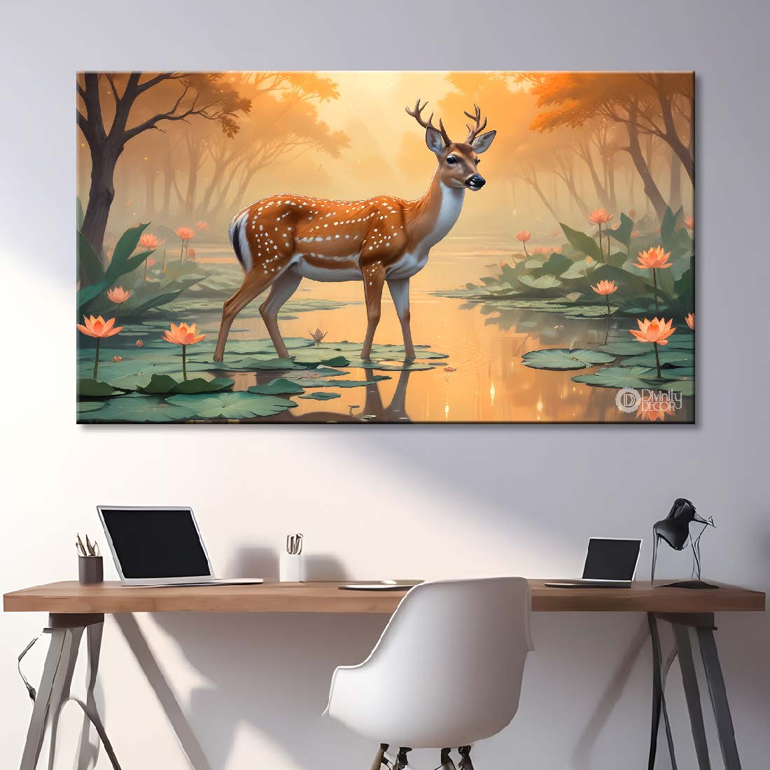 Deer with trees and lotus in sunlight textured art.- Design - Animal -36