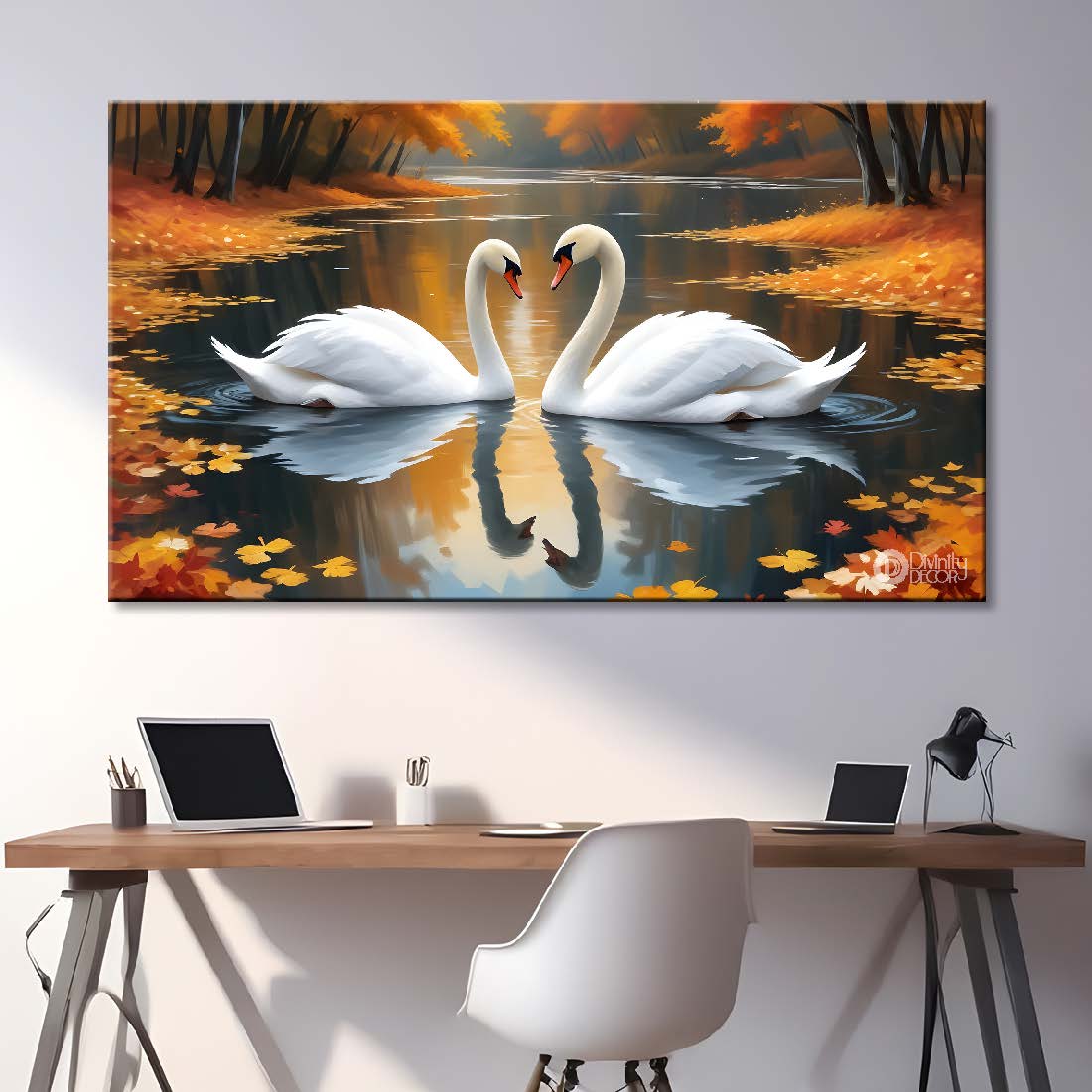 Two Swans floating with orange background textured art - Design - Animal -37