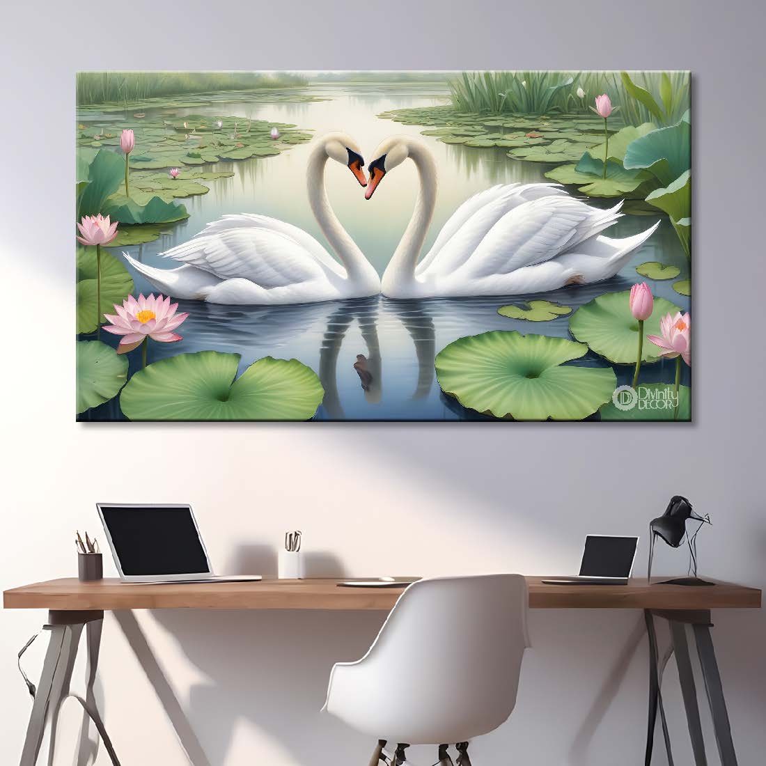 Two swans floating with lotus and green background textured art. - Design - Animal -38