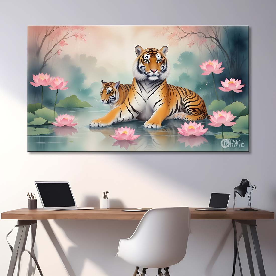 Two tigers with lotus in fog textured art.- Design - Animal -39