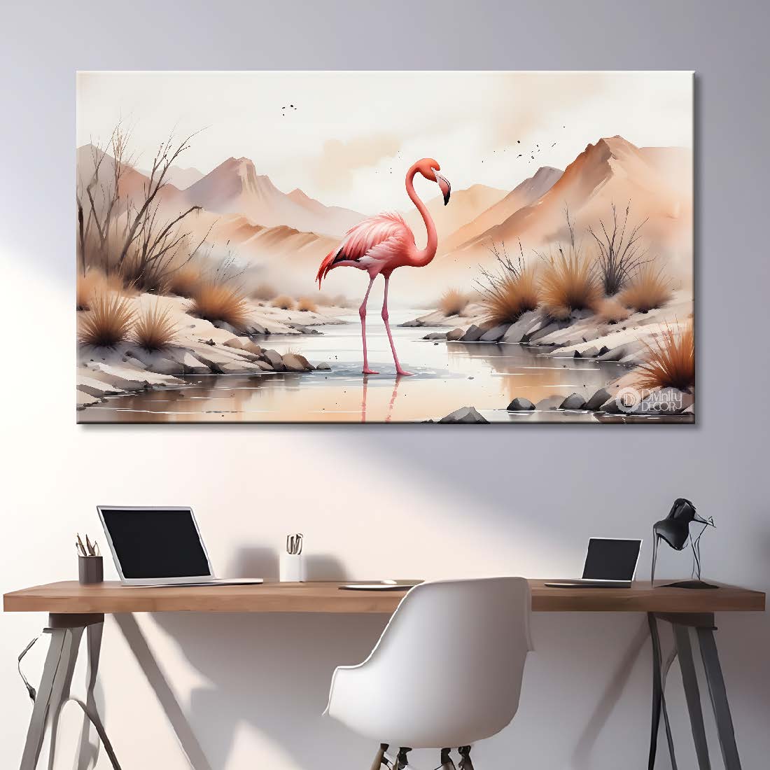 Pink flamingo with mountains and fog textured art - Design - Animal -40