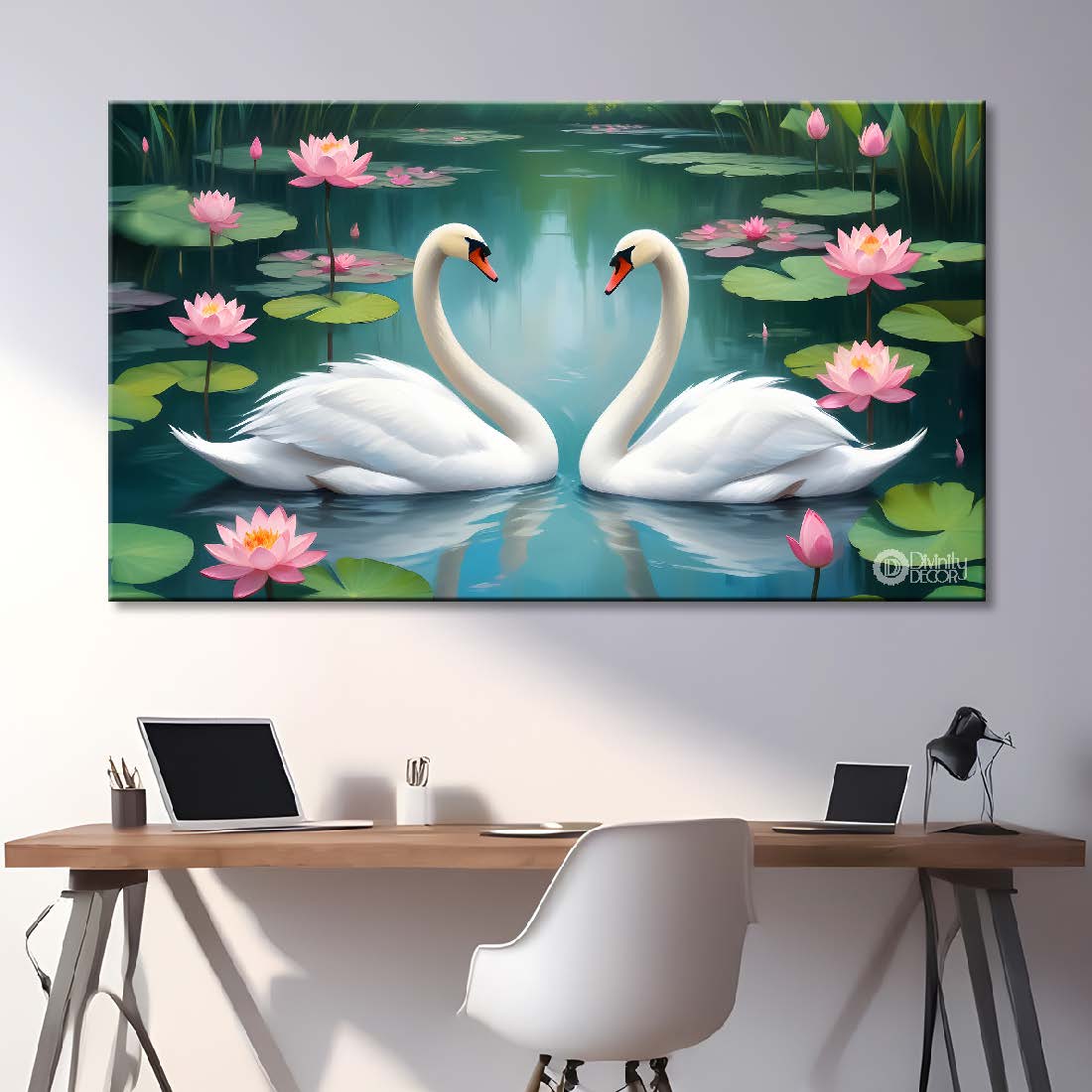 Two swans floating with lotus and green background textured art. - Design - Animal -41
