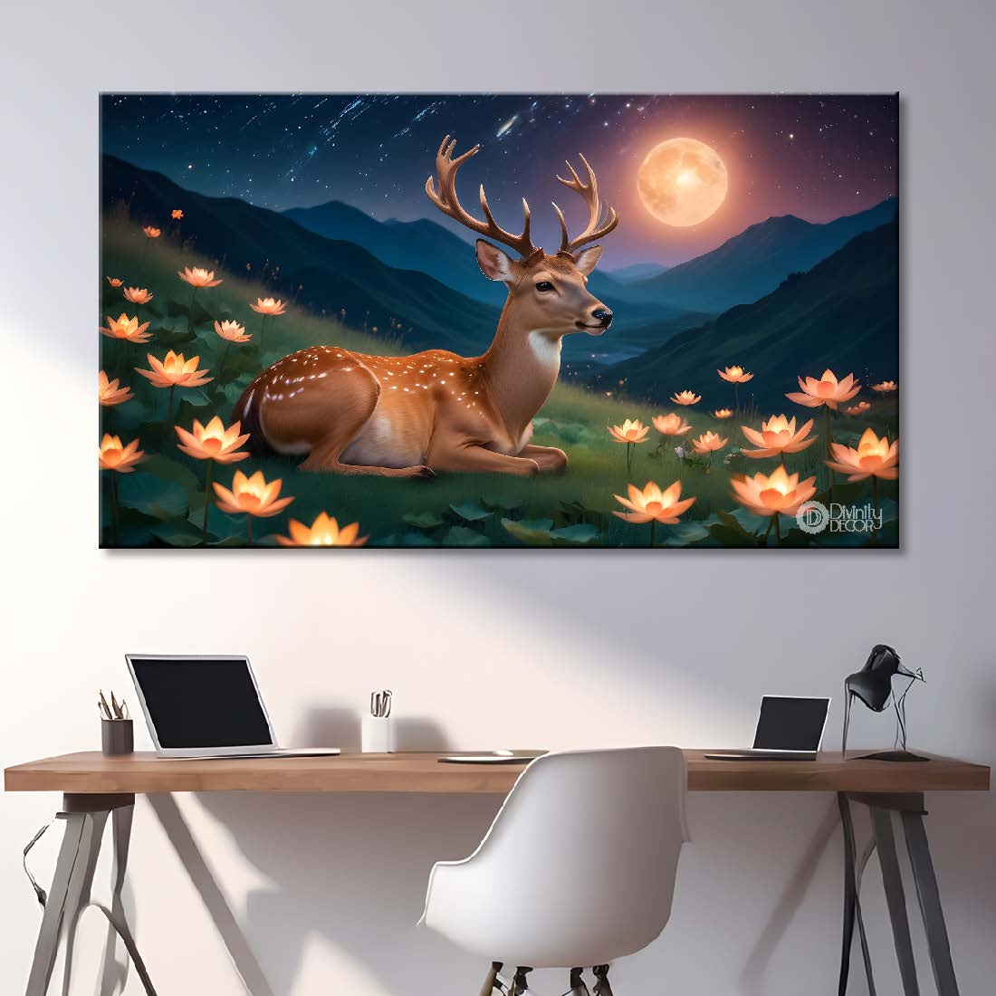Deer with lotus and mountains in night background textured art.- Design - Animal -42