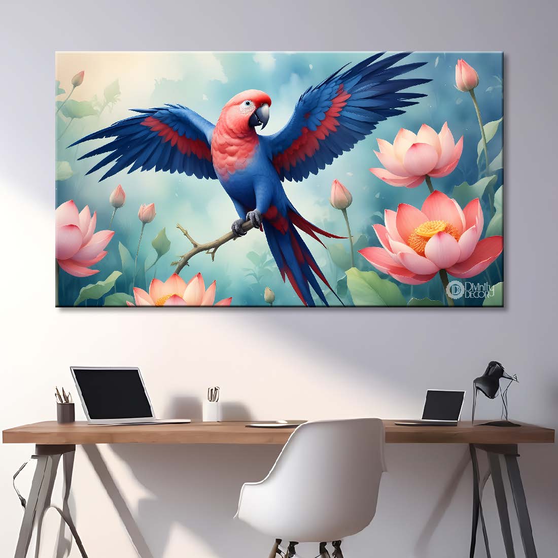 Colorful Parrot with lotus and light blue textured art. - Design - Animal - 43