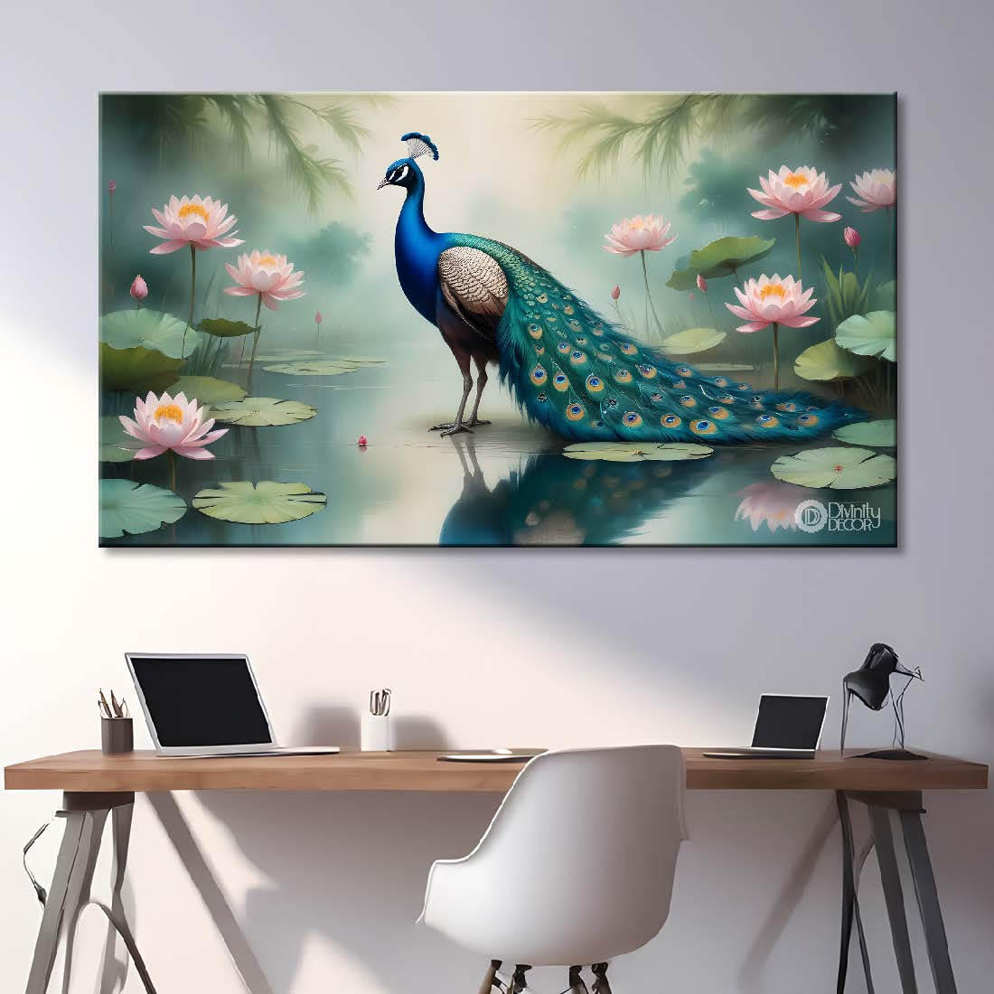 Peacock with lotus and green background textured art.- Design - Animal -44