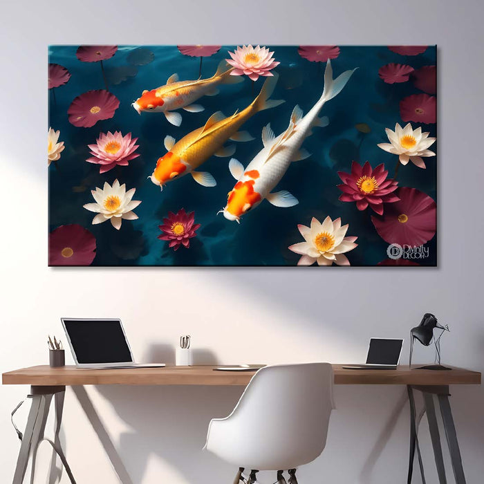 Three koi fishes in the water with flowers textured art. - Design - Animal - 45
