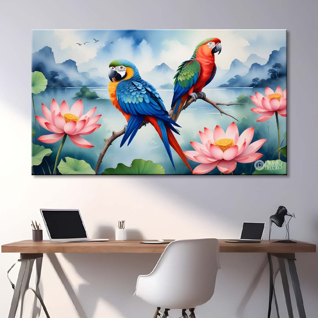 Two parrots with lotus and mountains in light blue background textured art. - Design - Animal - 46
