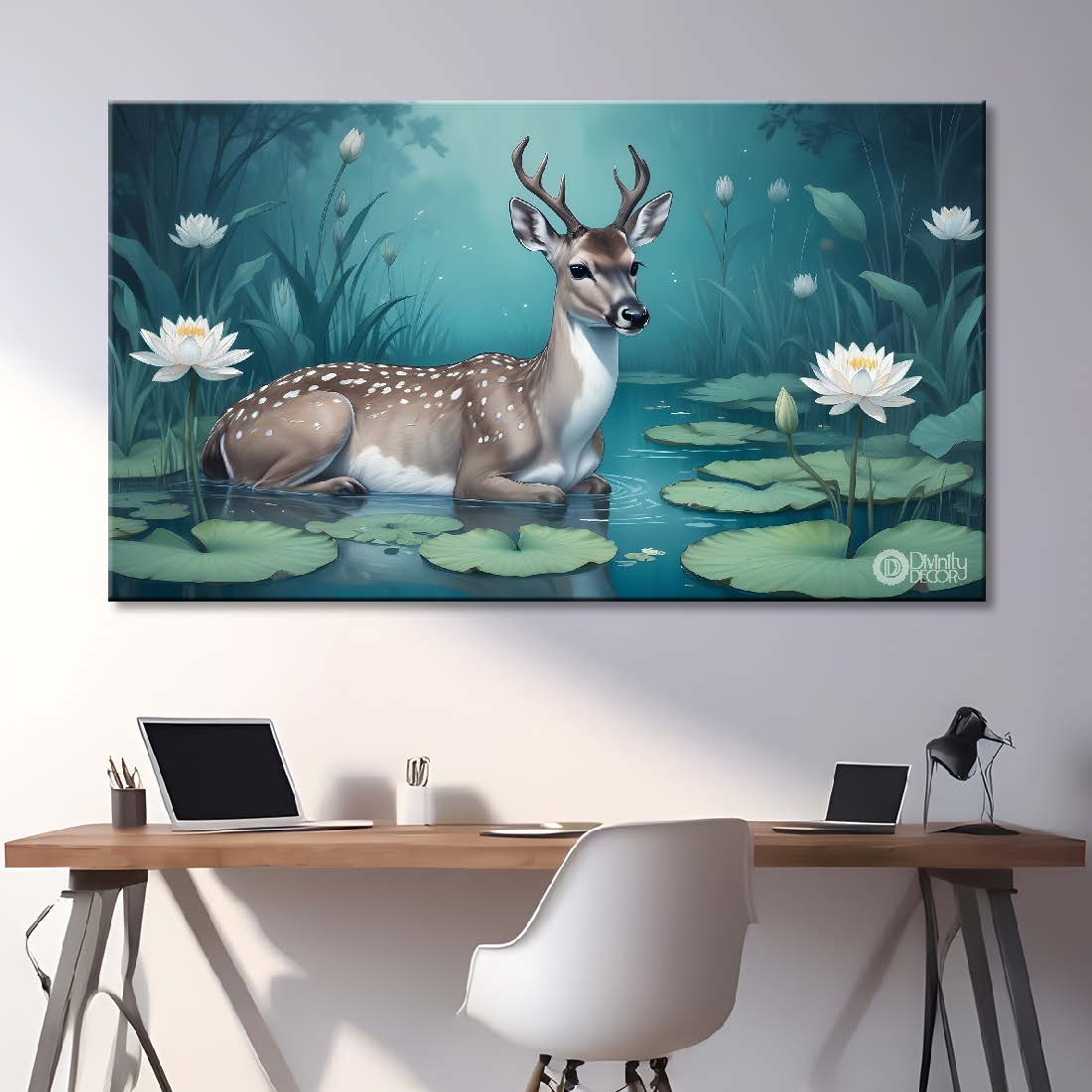 Grey deer with lotus and green background textured art.- Design - Animal -47