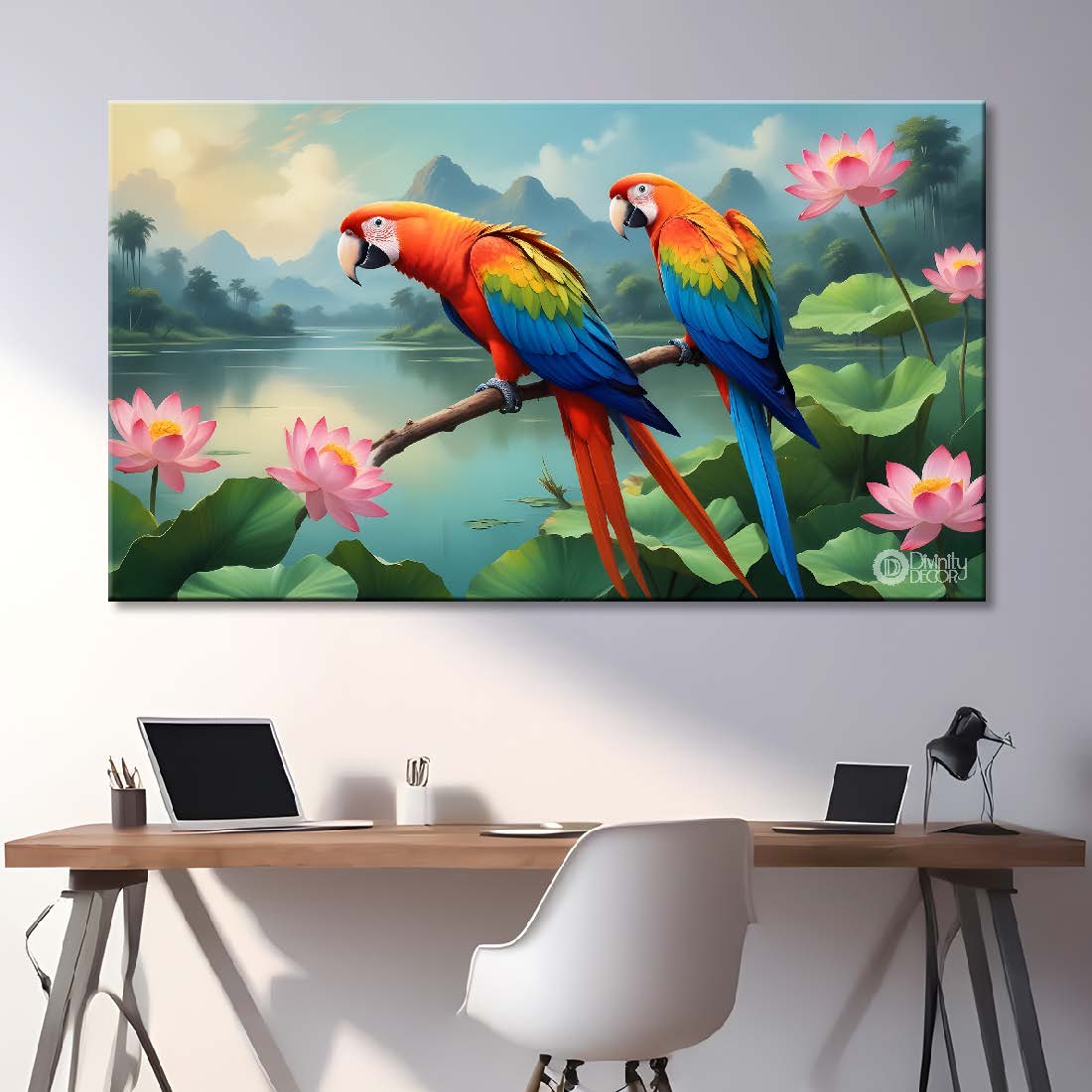 Two parrots with lotus and mountains in light blue background textured art. - Design - Animal - 48