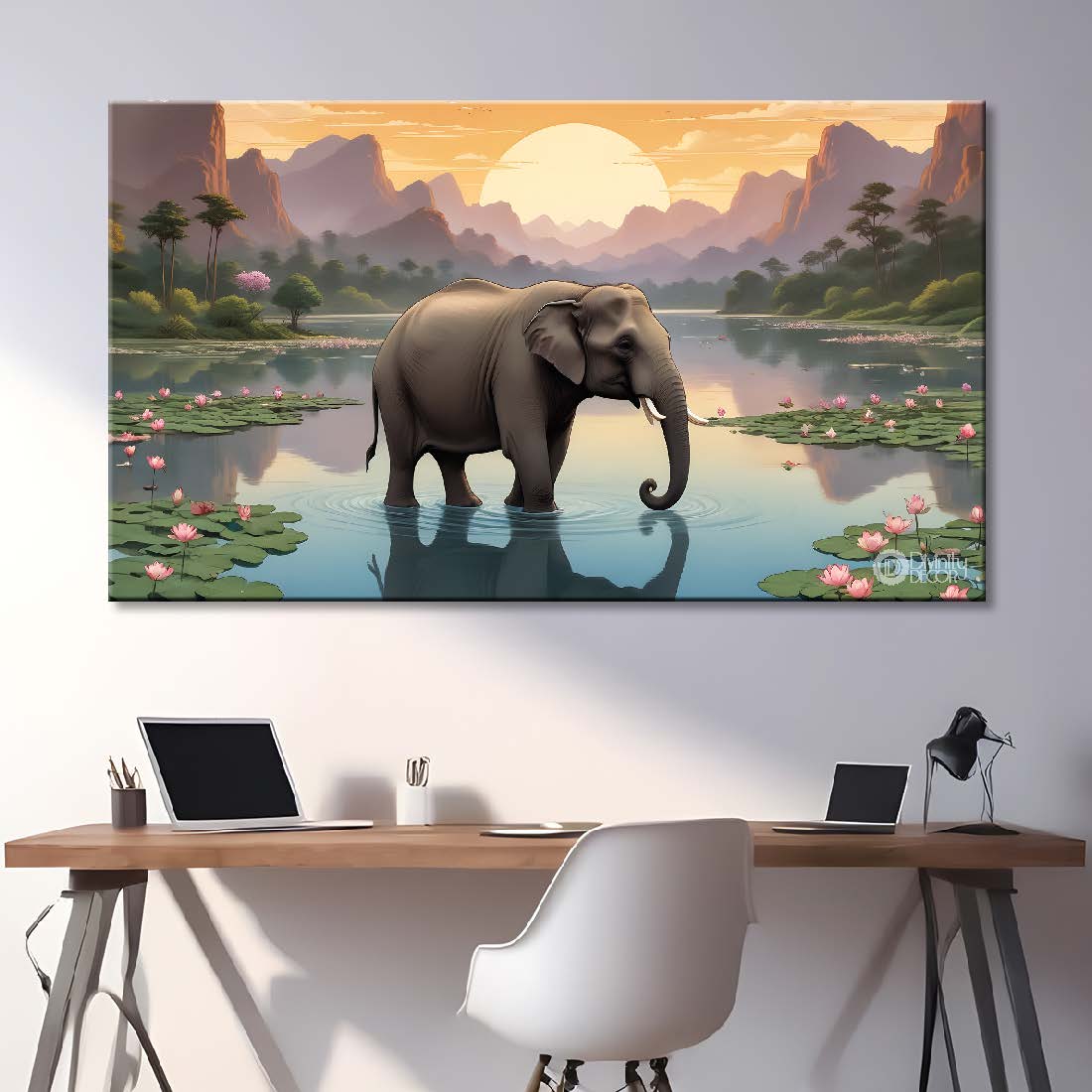 Elephant with river and mountains in sunrise textured art. - Design - Animal - 49