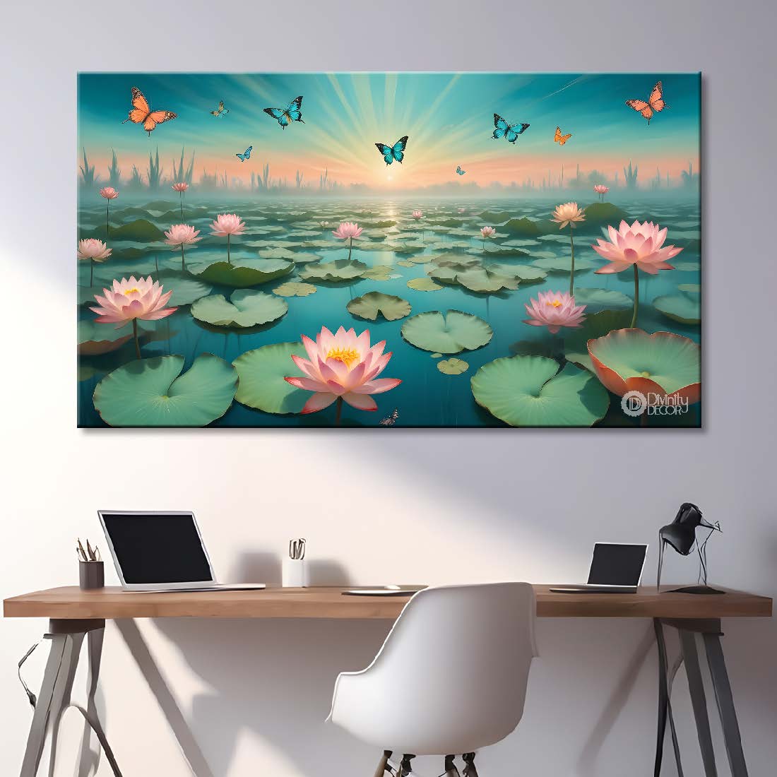 Blooming lotus in pond with butterflies textured art. - Design - Animal - 50