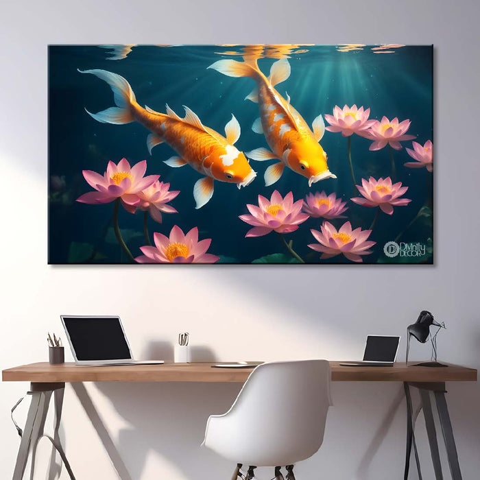 Two gold fish in the water with lotus textured art. - Design - Animal - 51