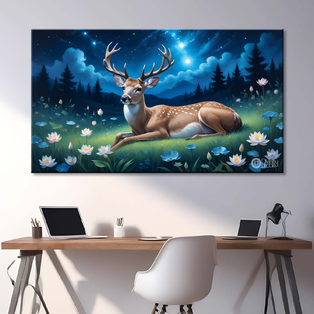 Deer with white lotus and trees in night background textured art.- Design - Animal -52