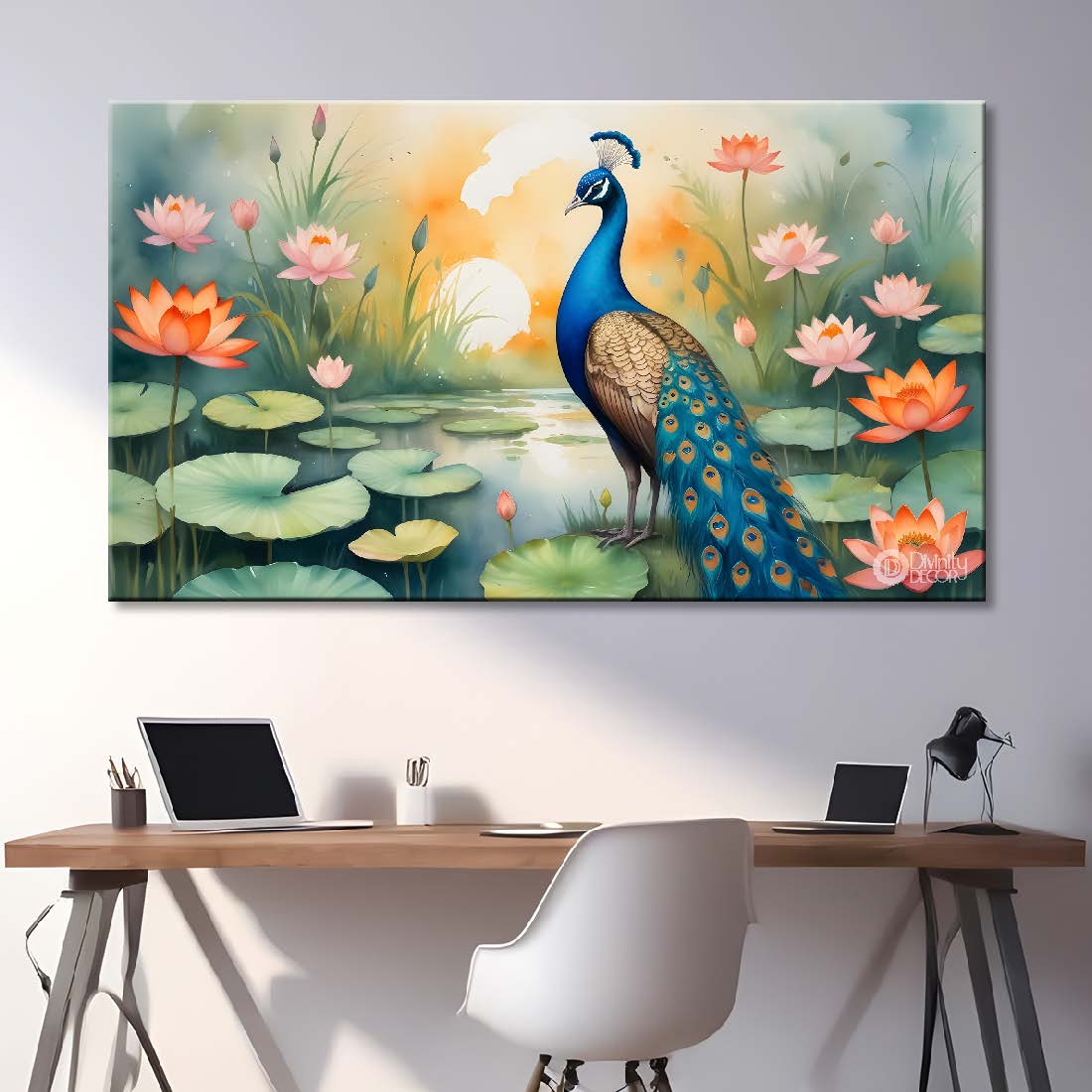 Peacock with lotus in green background textured art - Design - Animal -53