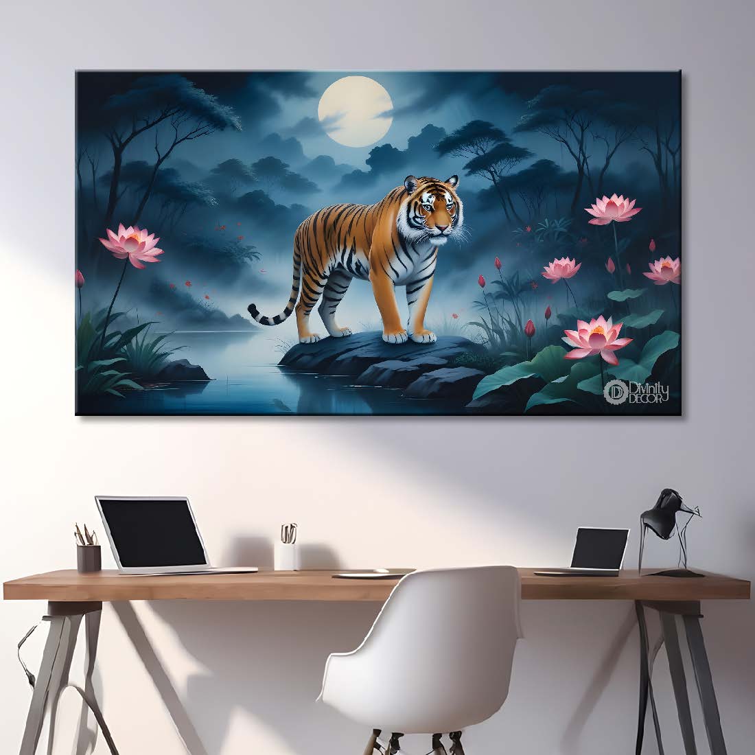 Tiger with lotus and trees in night background textured art.- Design - Animal -54