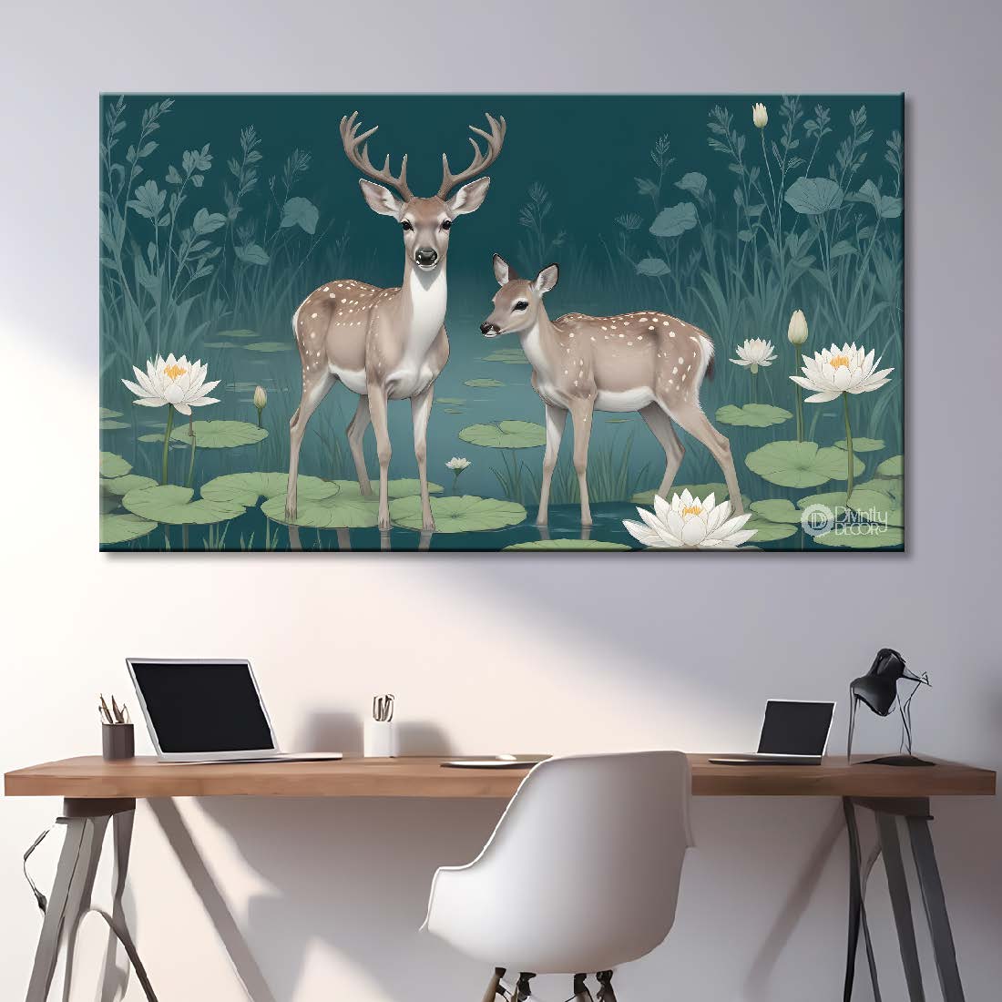 Two deer with white lotus in green background textured art.- Design - Animal -55