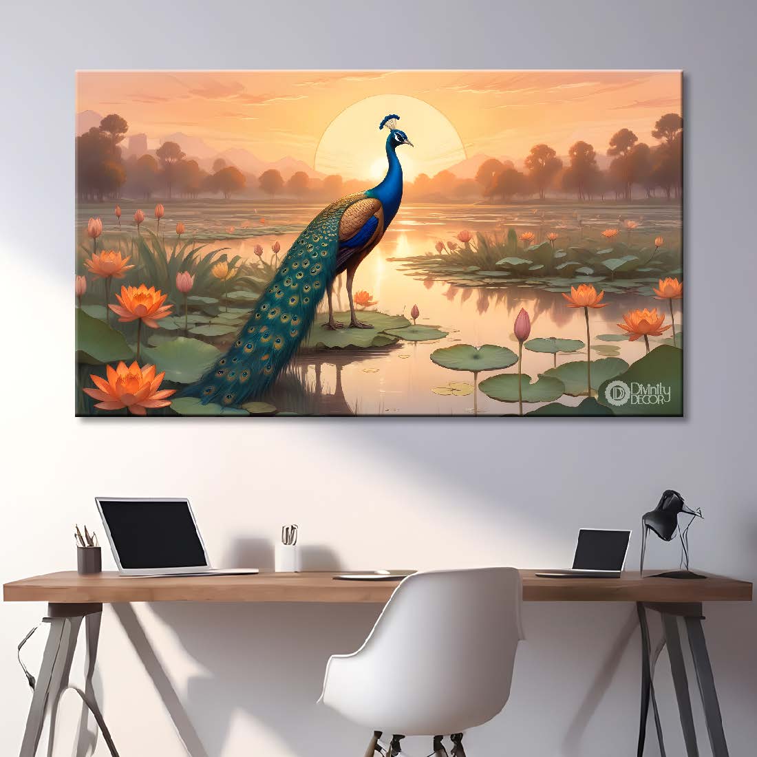 Peacock with orange lotus with trees and sunrise textured art.- Design - Animal - 56