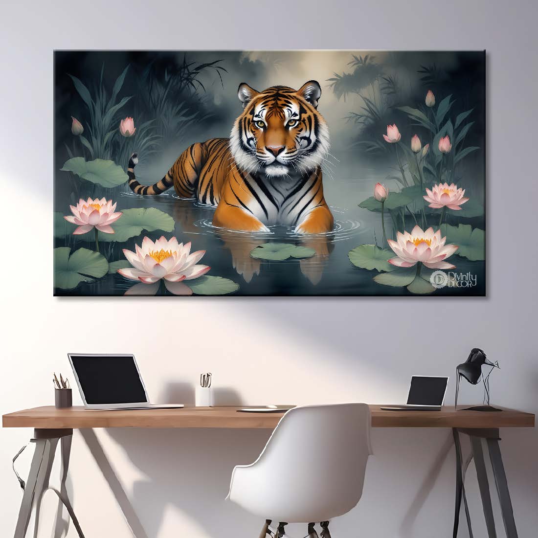 Tiger sitting in pond with lotus in fog background art.- Design - Animal -57
