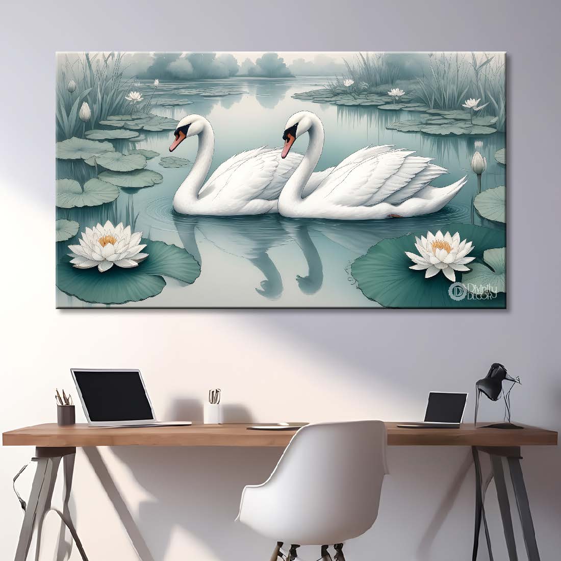 Two swans floating with white lotus in fog textured art - Design - Animal -58