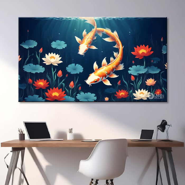 Two gold fish in the water with lotus textured art. - Design - Animal - 59