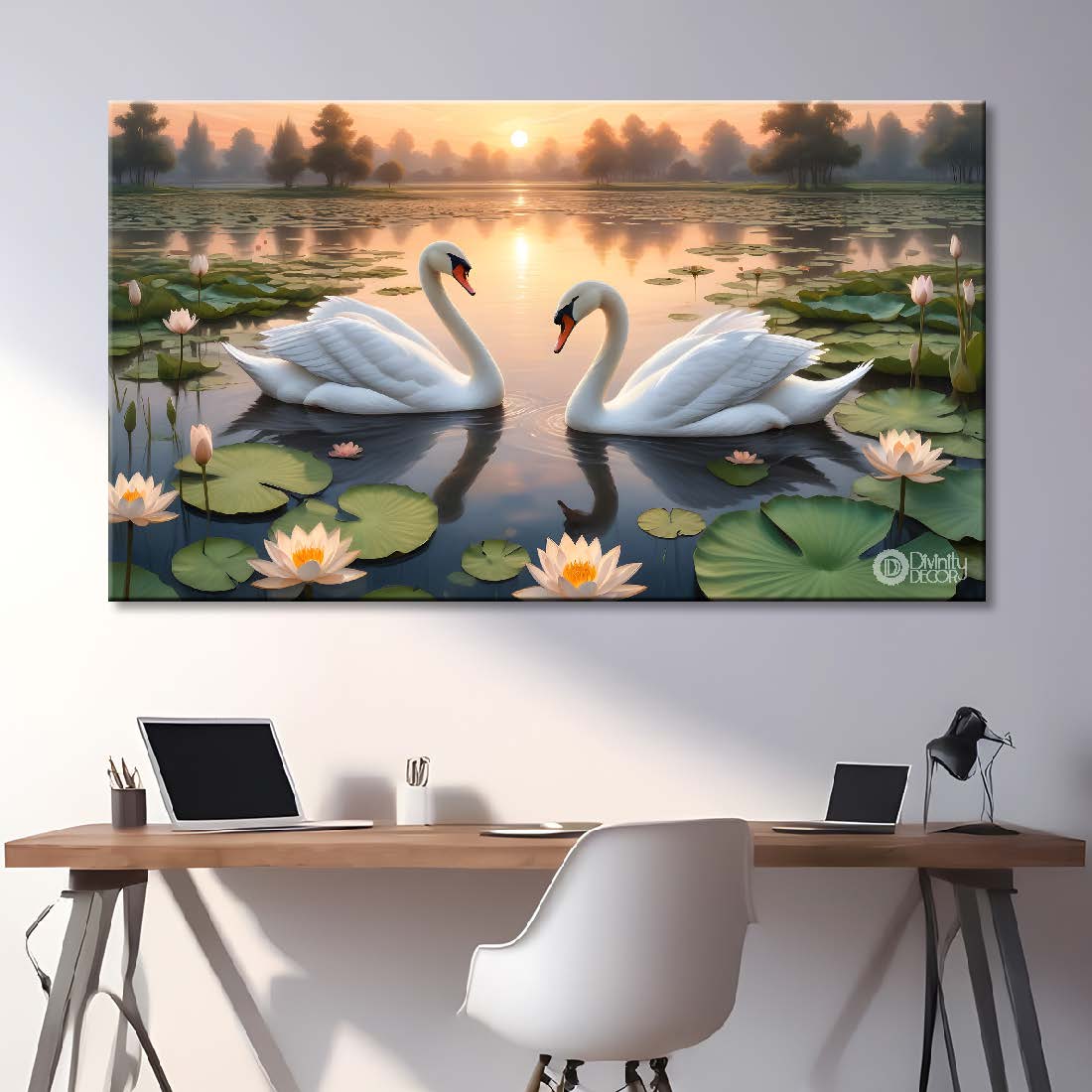 Two swans in the pond with lotus and sunrise textured art. - Design - Animal - 60