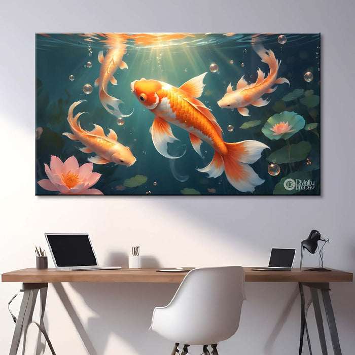 Gold fishes in the water with green textured background. - Design - Animal - 61
