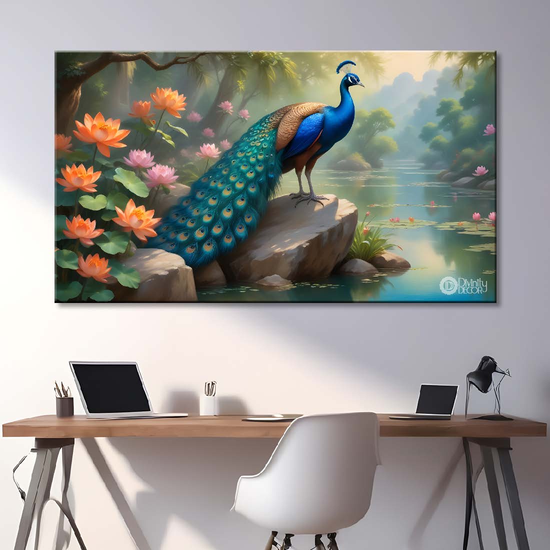 Peacock with pond and lotus on bright textured art. - Design - Animal -63