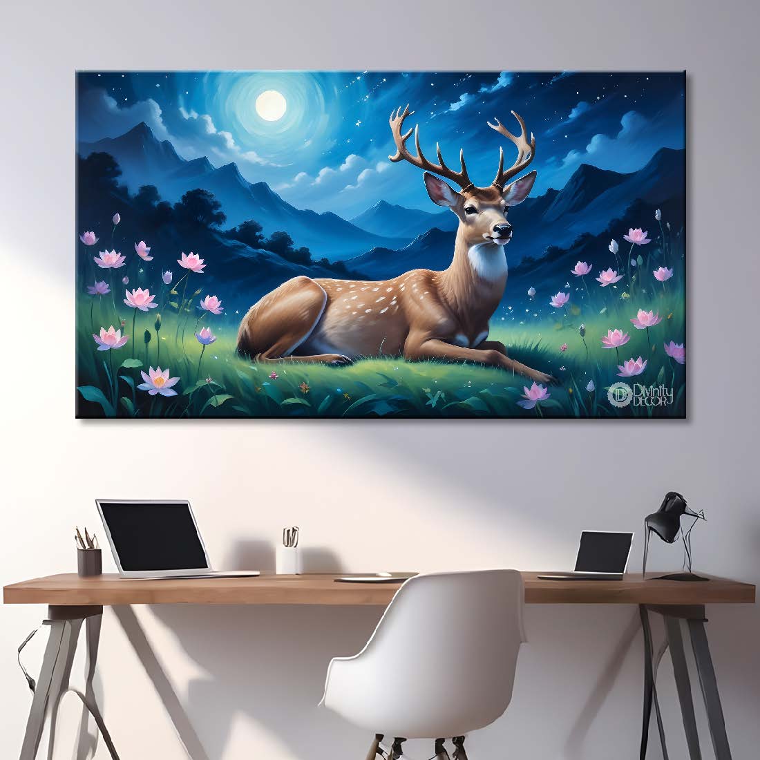 Deer with lotus and mountains in night background textured art.- Design - Animal -64