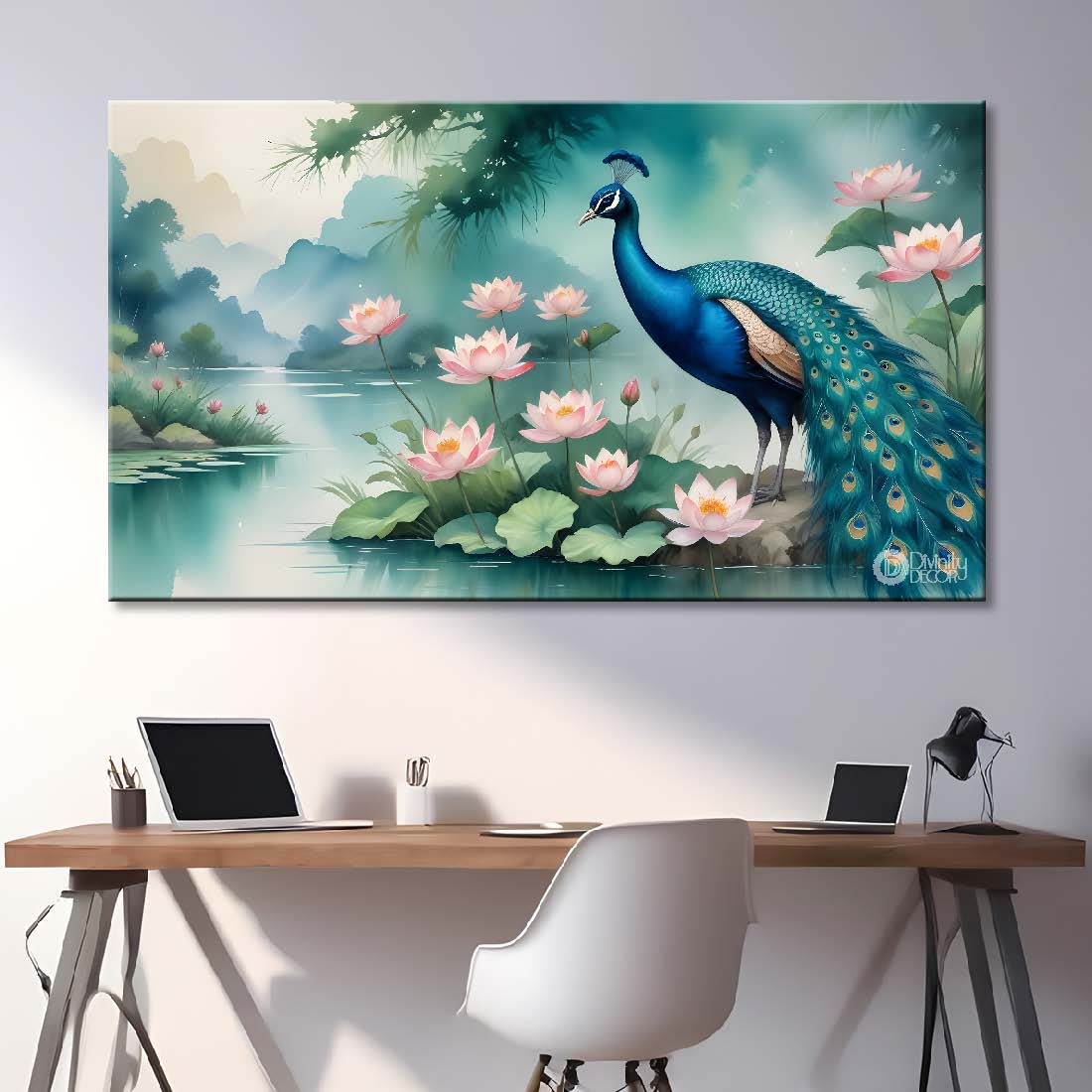 Peacock with pond and lotus in fog background textured art.  - Design - Animal -65