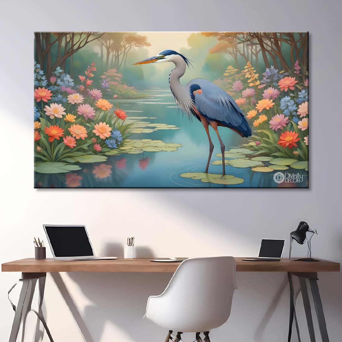 Blue heron with pond and colorful flowers in bright textured background art. - Design - Animal -67