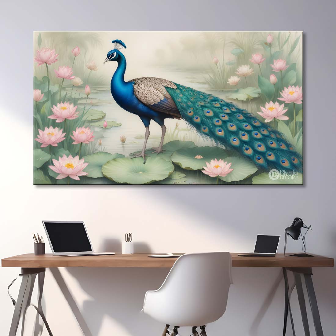 Peacock with lotus in fog background textured art. - Design - Animal -68