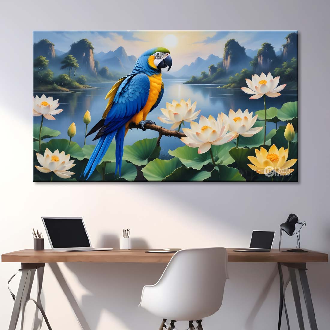 Parrot with white lotus and mountains in bright textured art. - Design - Animal - 69