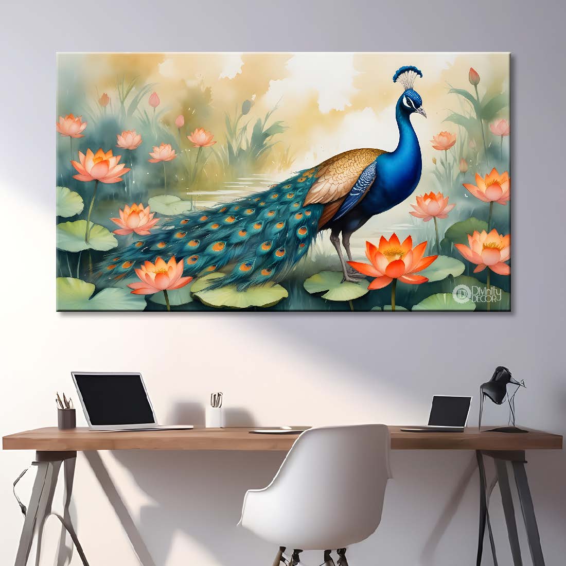 Peacock with orange lotus in fog background textured art. - Design - Animal -70