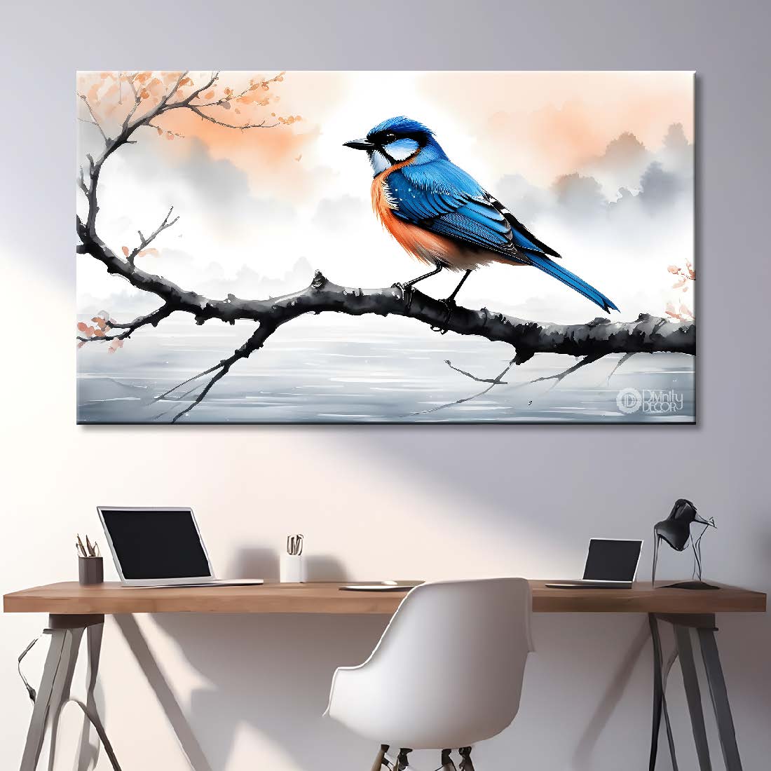 Bird on a branch in white textured background art. - Design - Animal - 71