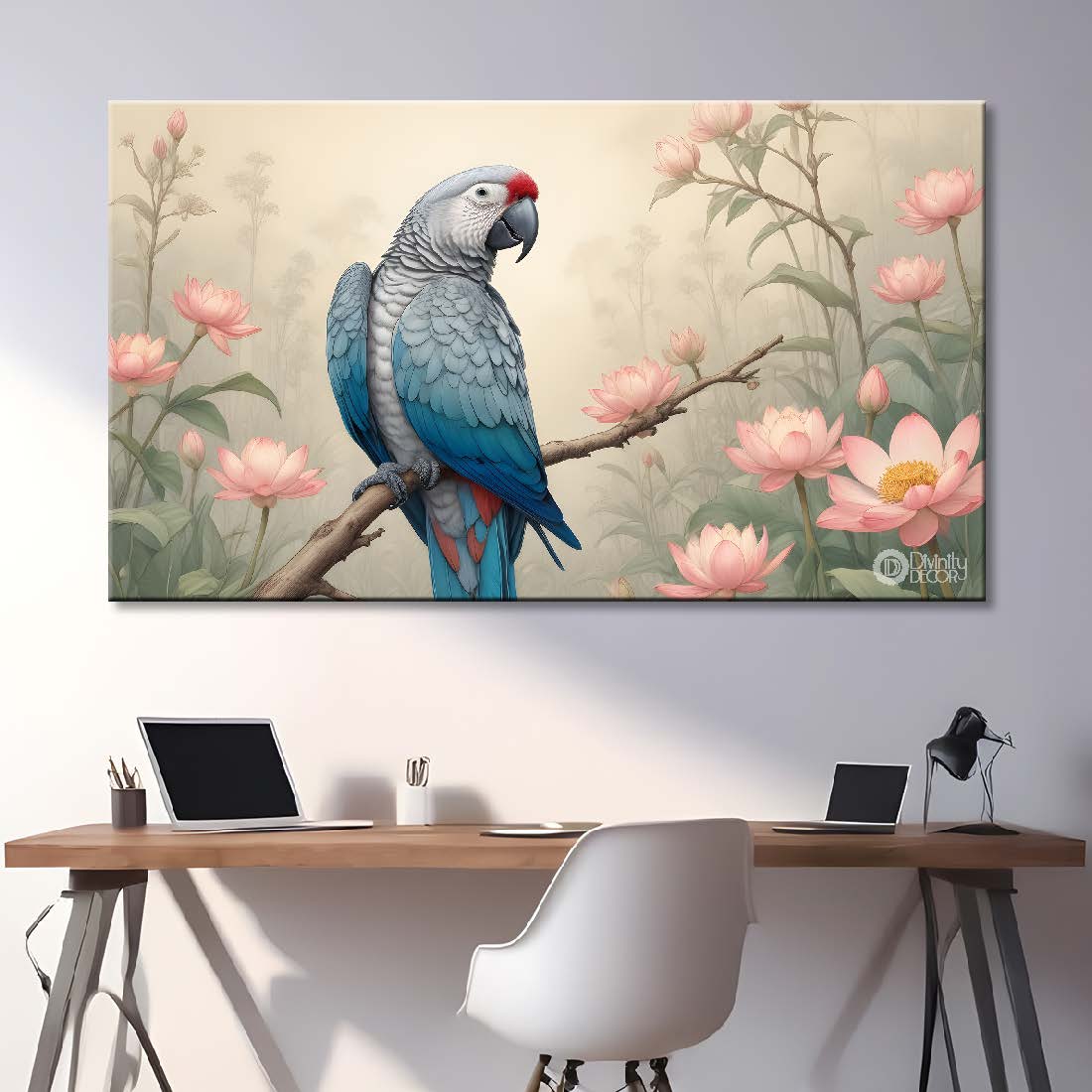 Parrot on a branch with lotus in fog background textured art. - Design - Animal - 72