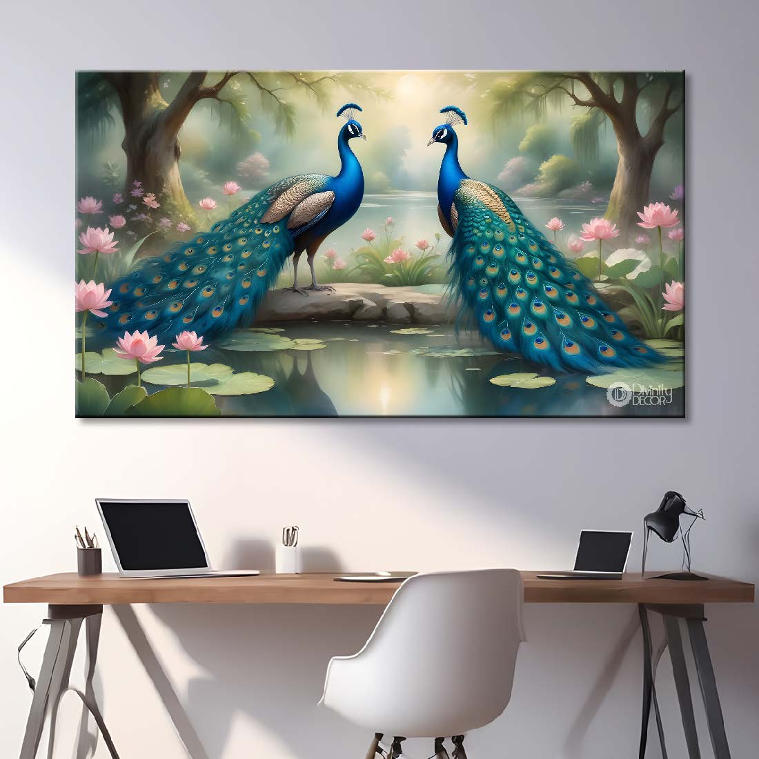 Two peacocks with trees and lotus in textured art. - Design - Animal -73