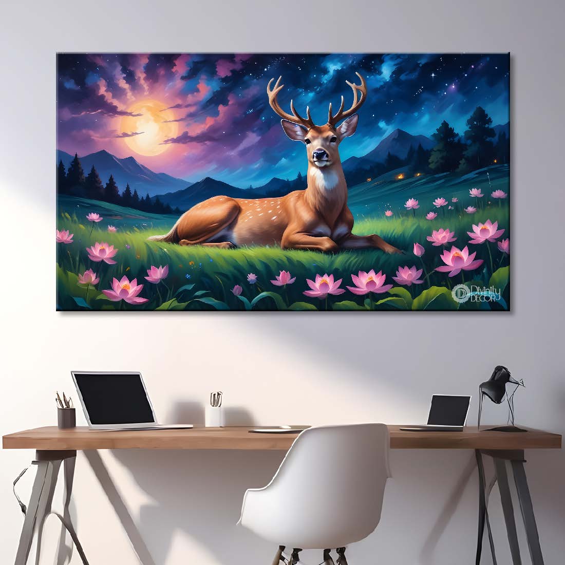 Deer with mountains and lotus in night background textured art.- Design - Animal -74