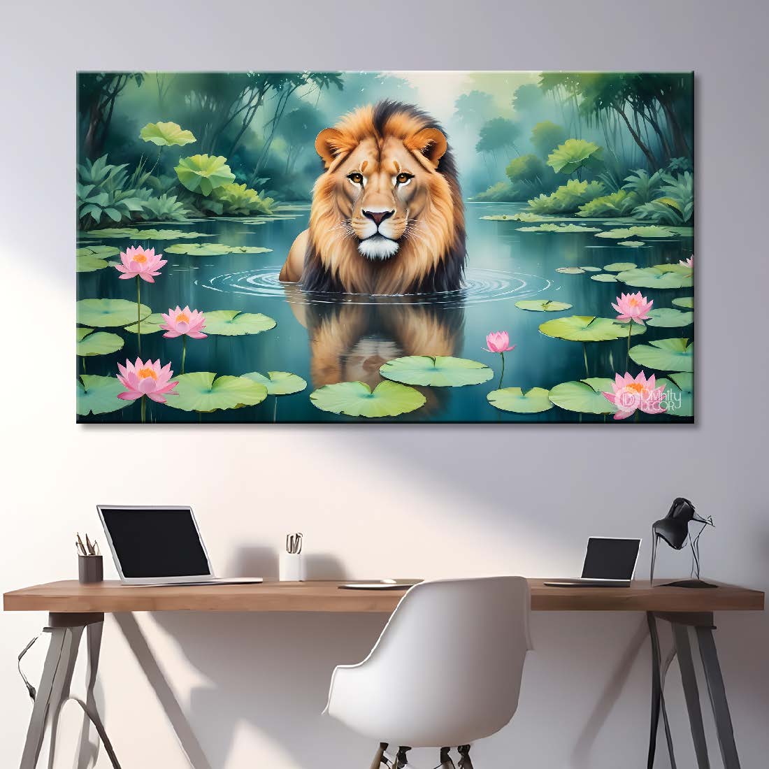 Lion in the pond with green background textured art. - Design - Animal -75