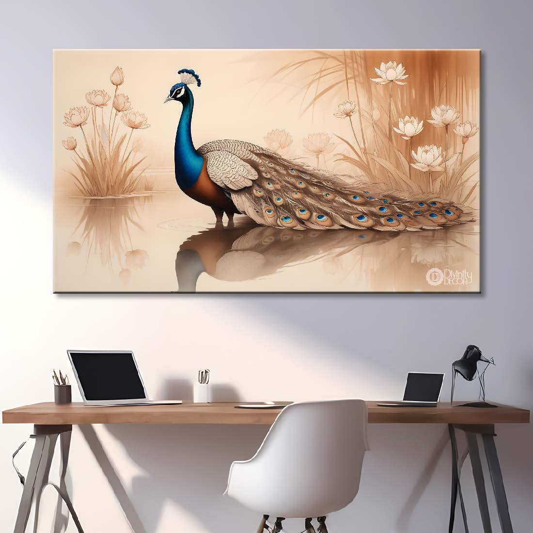 Peacock with light brown background textured art. - Design - Animal -76