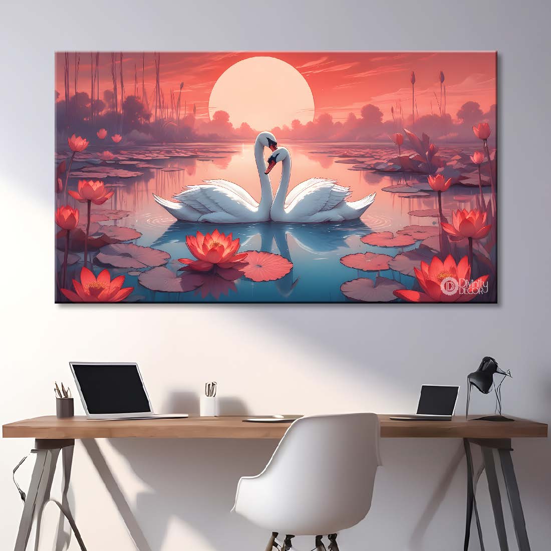 Two swans in the pond with sunrise and red background textured art. - Design - Animal - 77