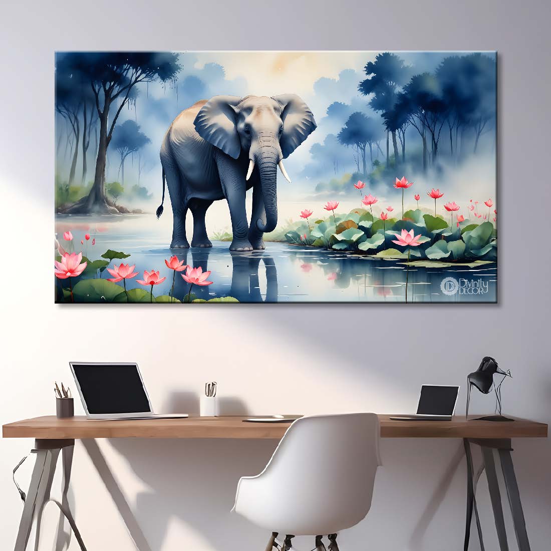 Elephant in the pond with trees and fog background textured art. - Design - Animal - 78