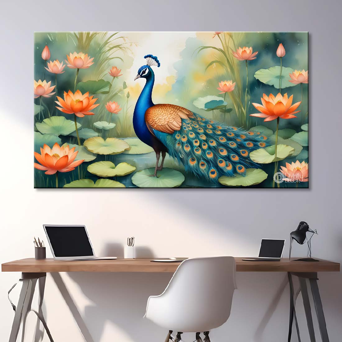 Peacock with orange lotus and green background textured art. - Design - Animal -79