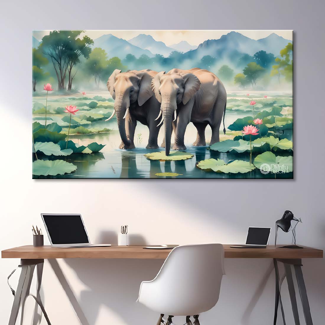 Elephant in the pond with trees and fog background textured art.  - Design - Animal - 80