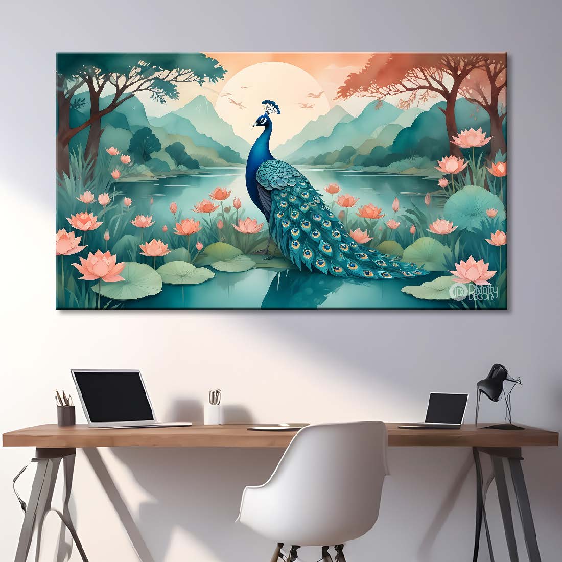 Peacock with lotus and trees in a fog background textured art. - Design - Animal -81