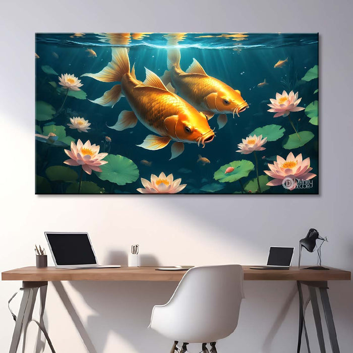 Gold fishes in the water with lotus textured art. - Design - Animal - 82