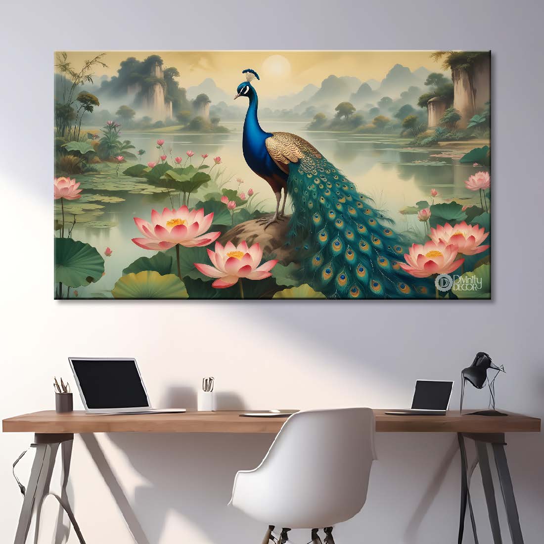 Peacock with lotus in green and fog background textured art. - Design - Animal -83